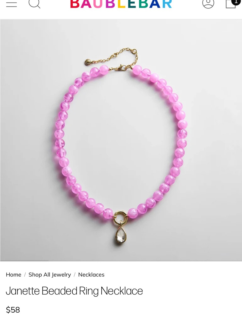 BaubleBar Pink Beaded Necklace with Gold Ring and Teardrop Charm